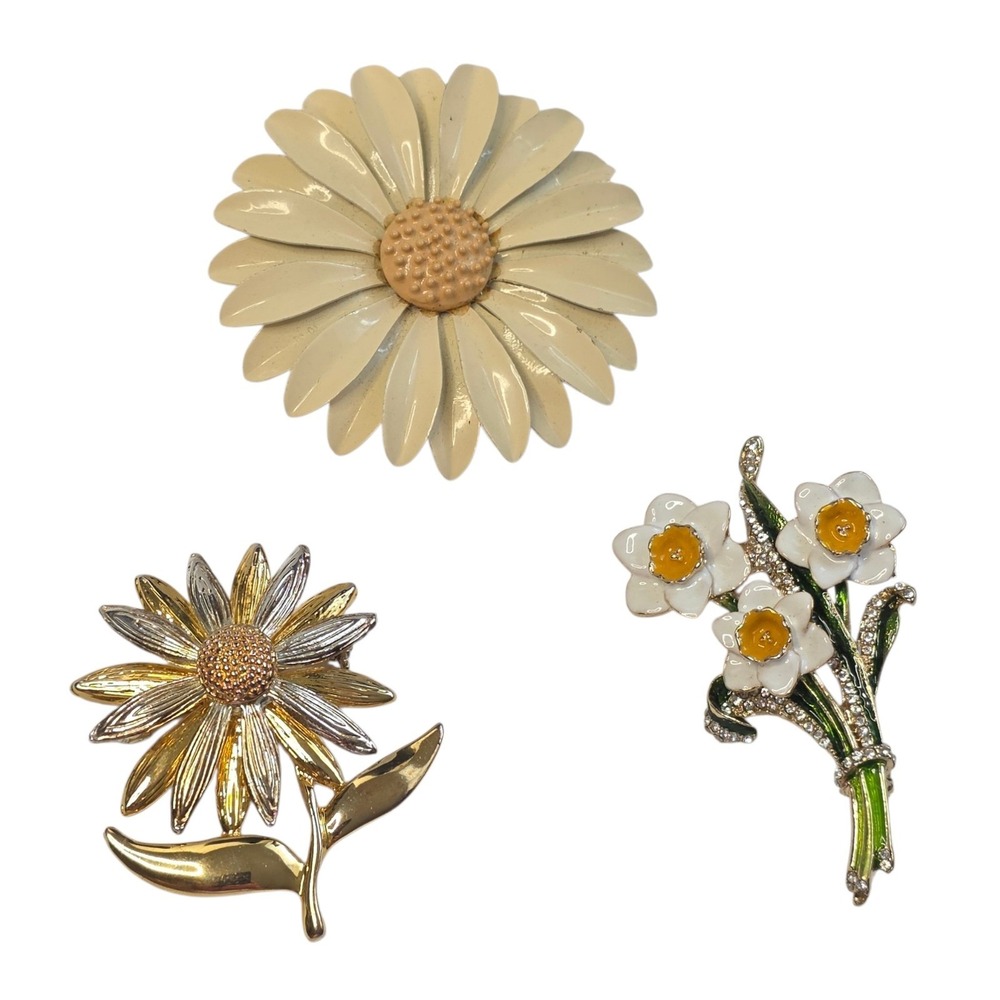 Vintage 60s Enamel Flower Brooch Set 3pc Retro Mod Pop Art‎ Flower Power